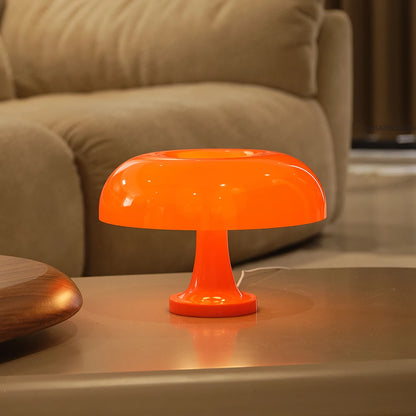 Scandinavian mushroom lamp on wooden nightstand