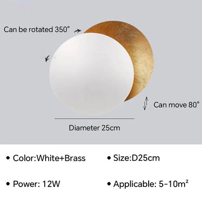 White and brass wall light fixture with specifications on a gray background
