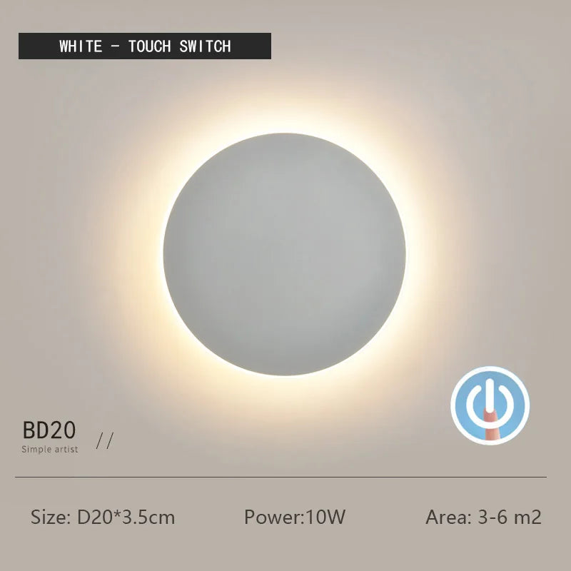 Round wall light fixture with power symbol icon on a gray background