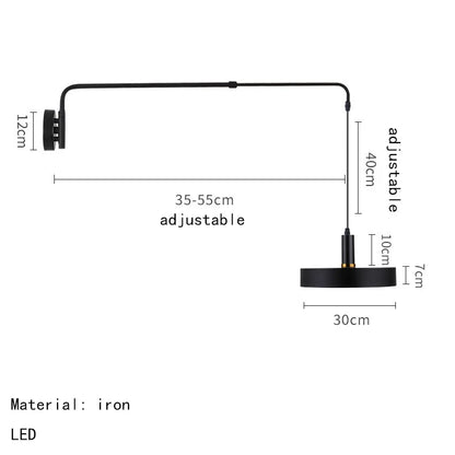 Black adjustable pendant light with dimensions on a white background