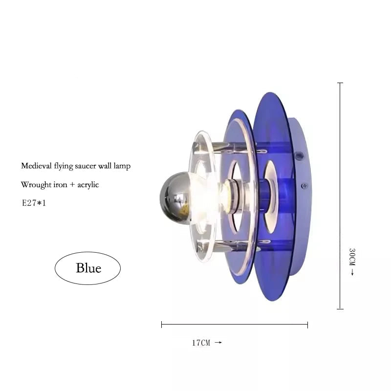 Blue wall lamp with dimensions and branding on a white background