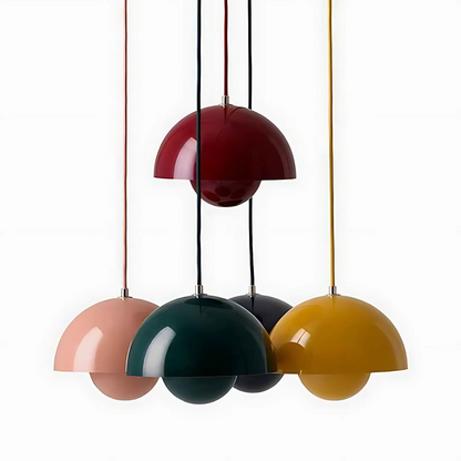 Set of colorful Bauhaus-style flowerpot pendant lights in red, pink, green, black, and yellow—modern dome ceiling lamps ideal for Nordic, eclectic, or designer interiors.