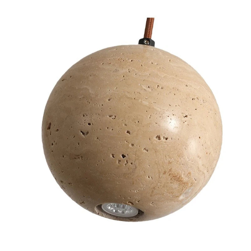 Stenball stone LED pendant with wood ceiling cap and G9 bulb.