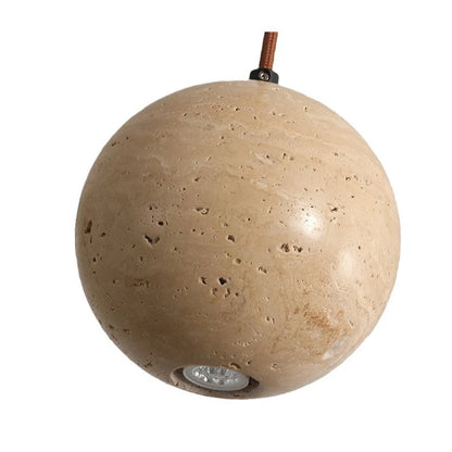 Stenball stone LED pendant with wood ceiling cap and G9 bulb.