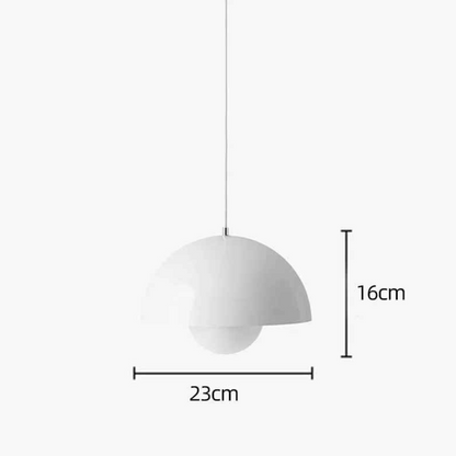 White Bauhaus pendant light with dome shape and flowerpot design. 